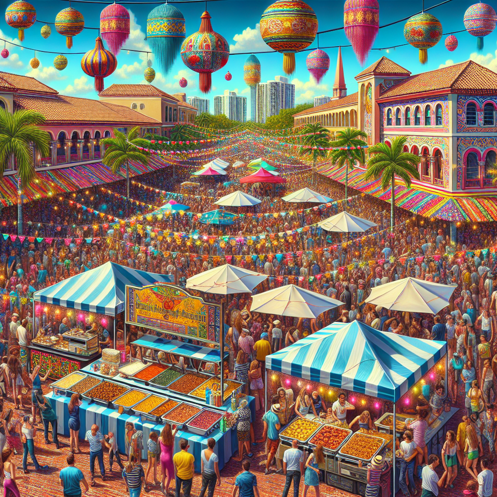 A lively festival scene in Boca Raton featuring colorful decorations, food stalls, and people enjoying live music