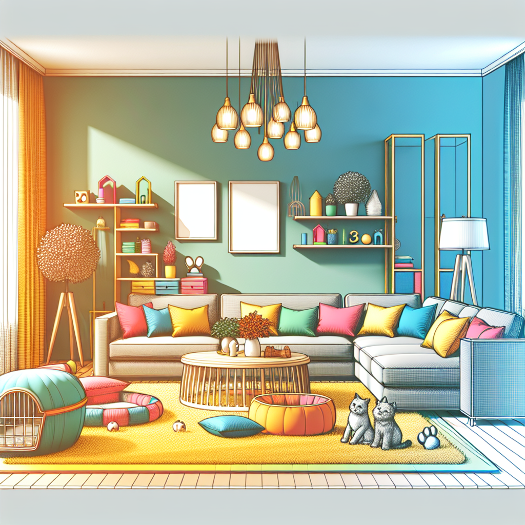 A cozy living room in a modern furnished apartment with bright colors and pet-friendly decor
