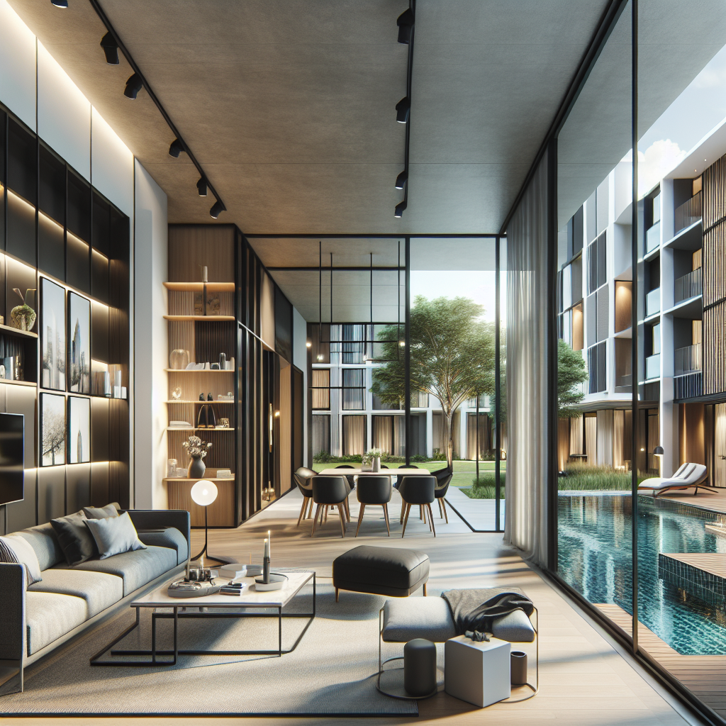 A modern apartment interior showcasing stylish amenities like smart home technology, an open-concept living area with sleek furnishings, and community features such as a pool visible through large windows.