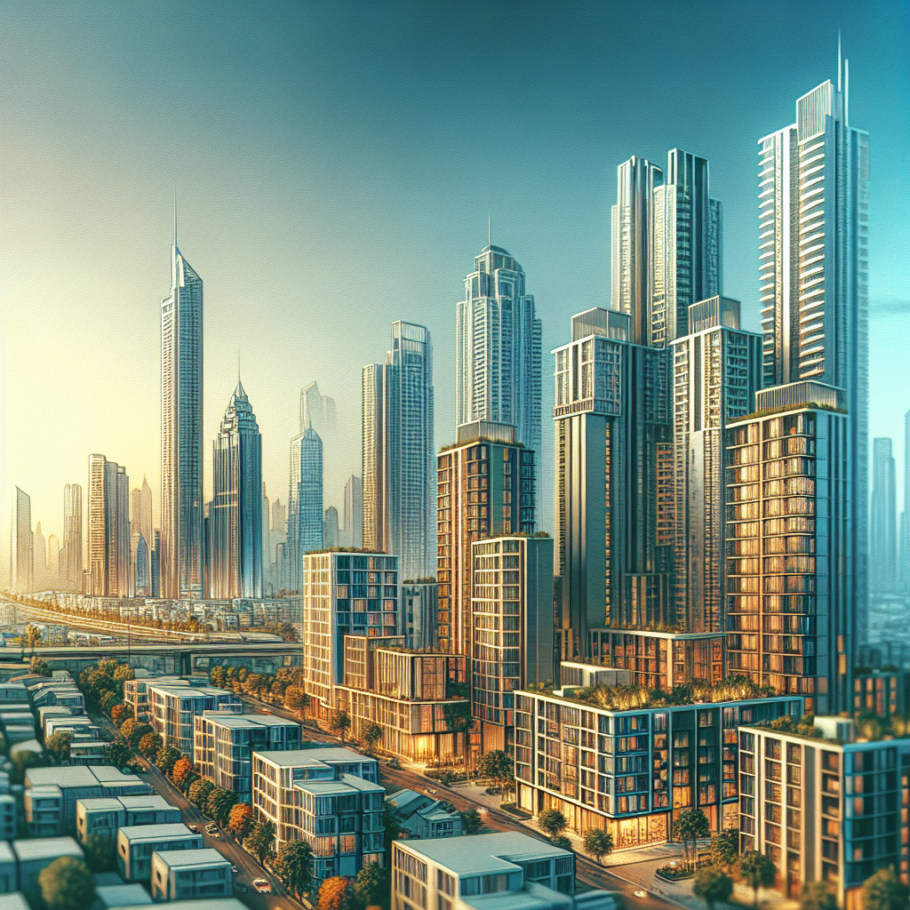 A vibrant city skyline with various modern apartment buildings showcasing different styles including high-rise and low-rise options