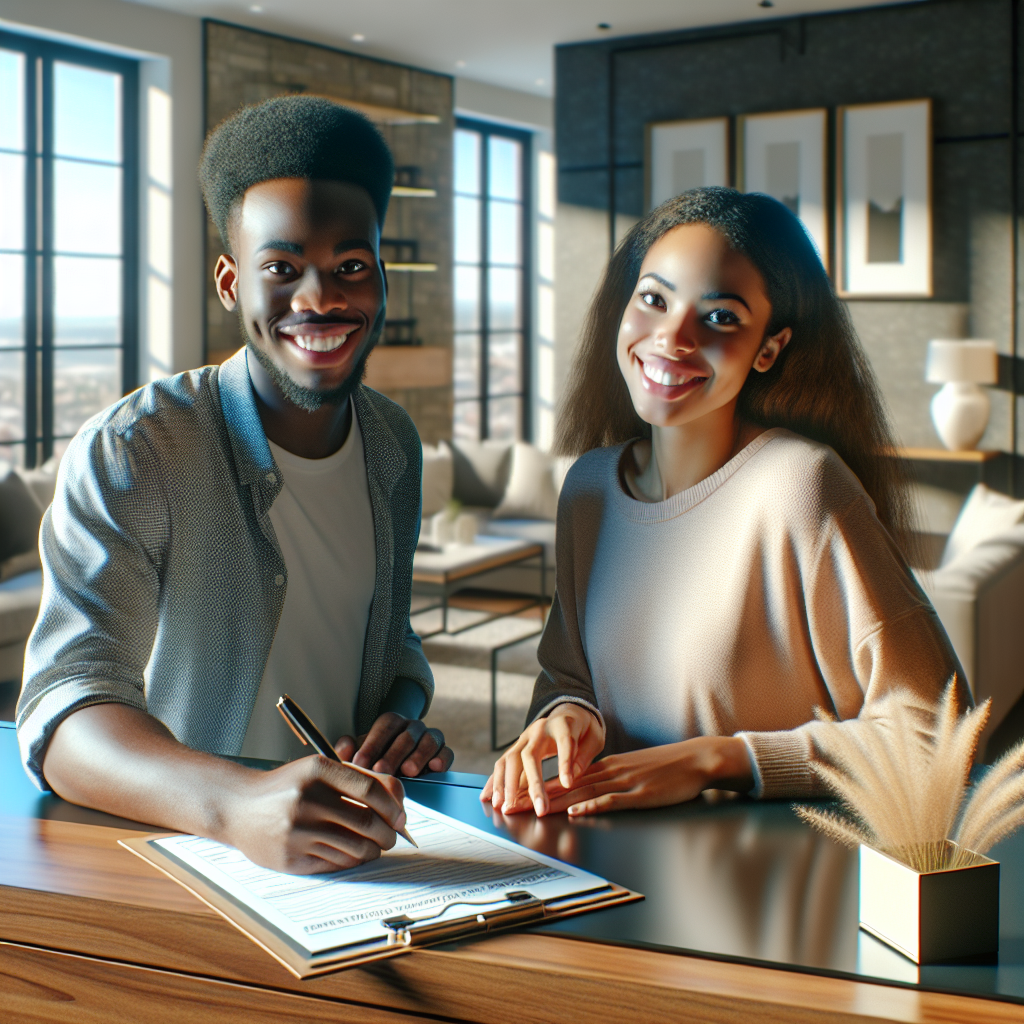 A cheerful young couple filling out a rental application at a stylish modern apartment desk