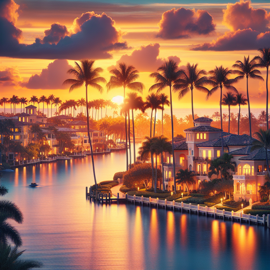 A beautiful sunset over Boca Raton with palm trees in silhouette, showcasing luxury apartments along the waterfront