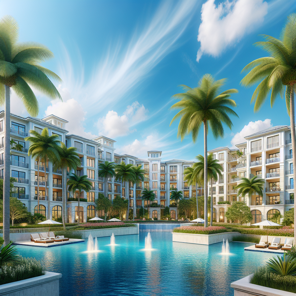 A vibrant view of luxury apartment buildings in Boca Raton, Florida with palm trees and blue sky