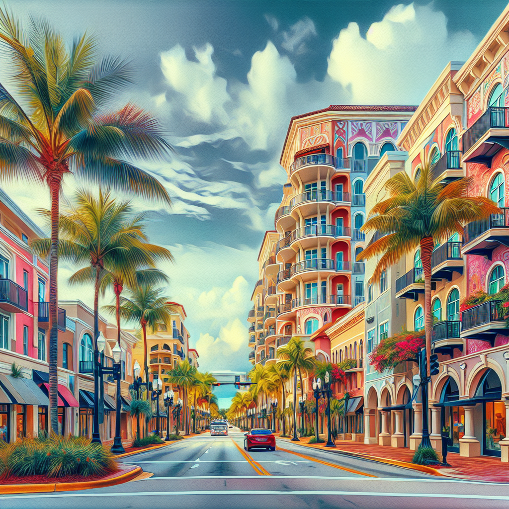 A vibrant street view of downtown Boca Raton with various apartment buildings and palm trees