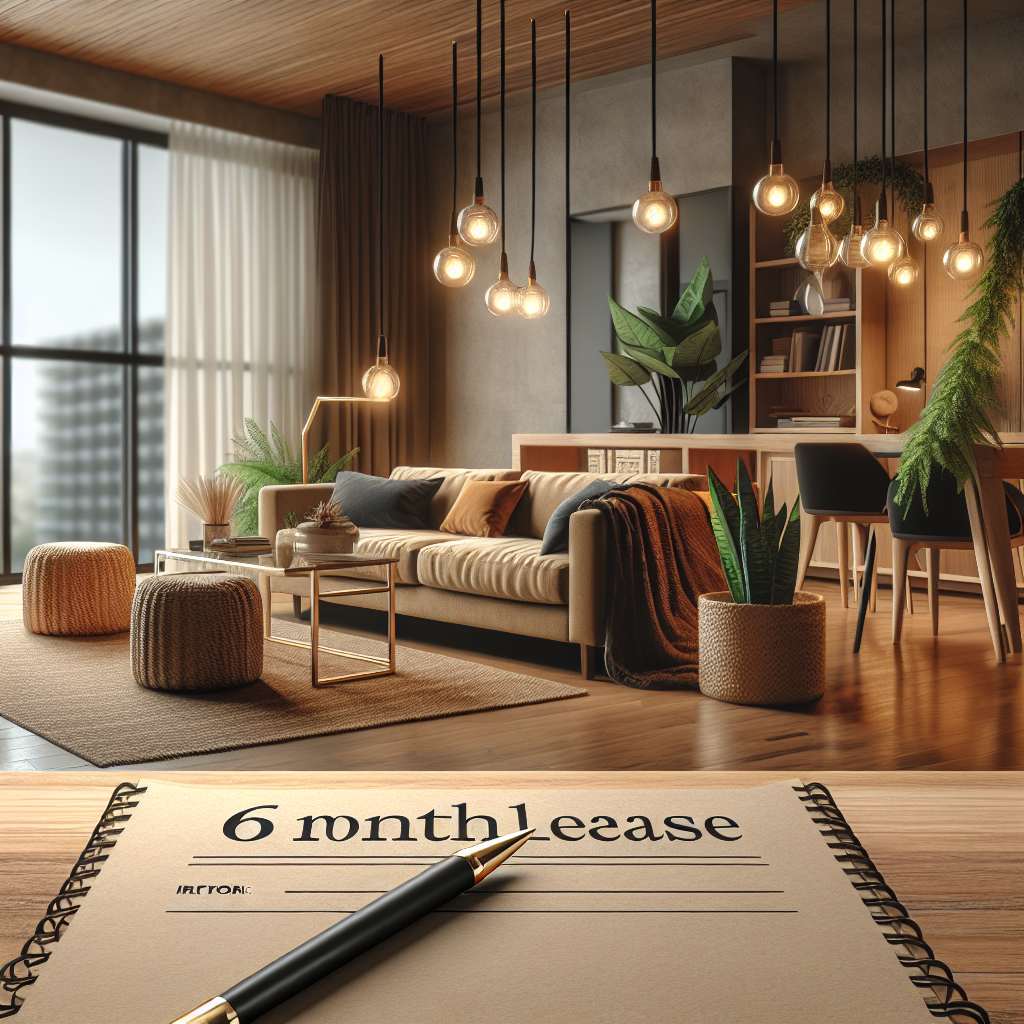 A cozy and stylish six-month lease apartment interior with modern furnishings and warm lighting