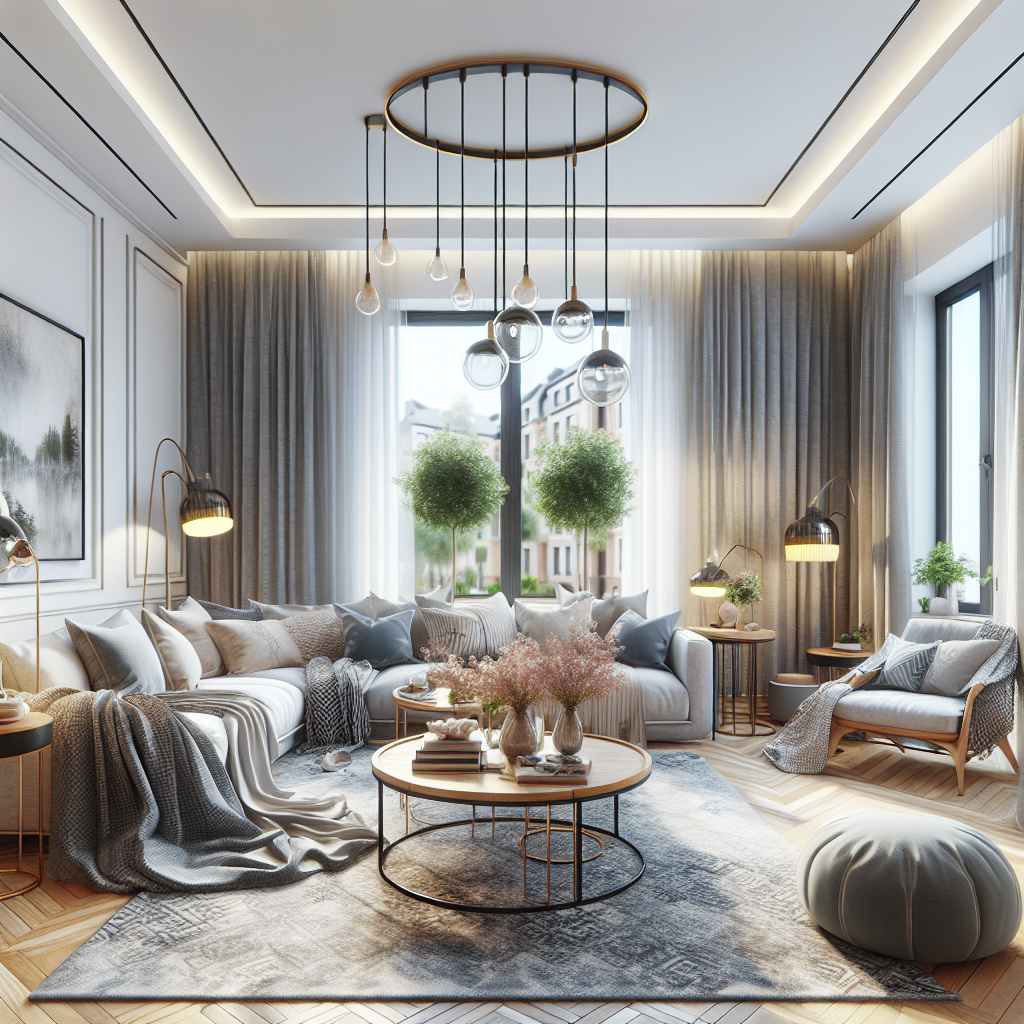 A cozy living room in a fully furnished apartment with modern decor and natural light