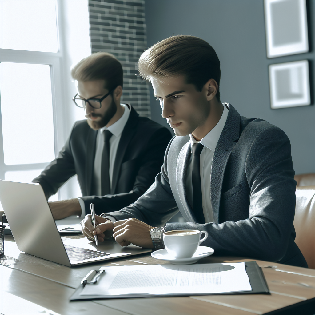 A young professional reviewing an apartment lease agreement at a stylish desk with a laptop and coffee