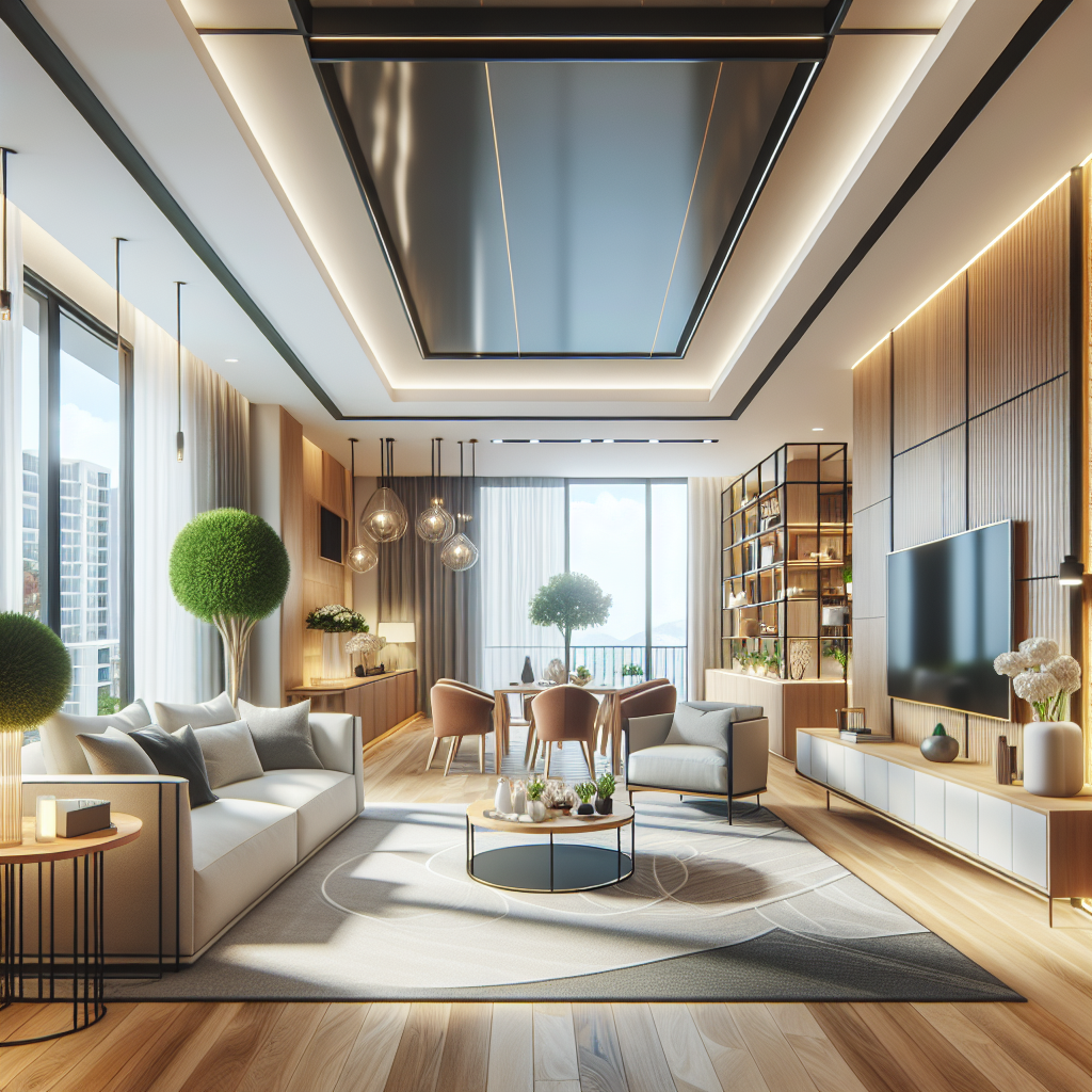 A stylish living room in a cheap luxury apartment featuring modern amenities and spacious design