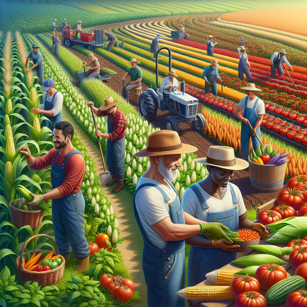 A vibrant farm landscape showcasing diverse crops with farmers inspecting produce and implementing safety measures