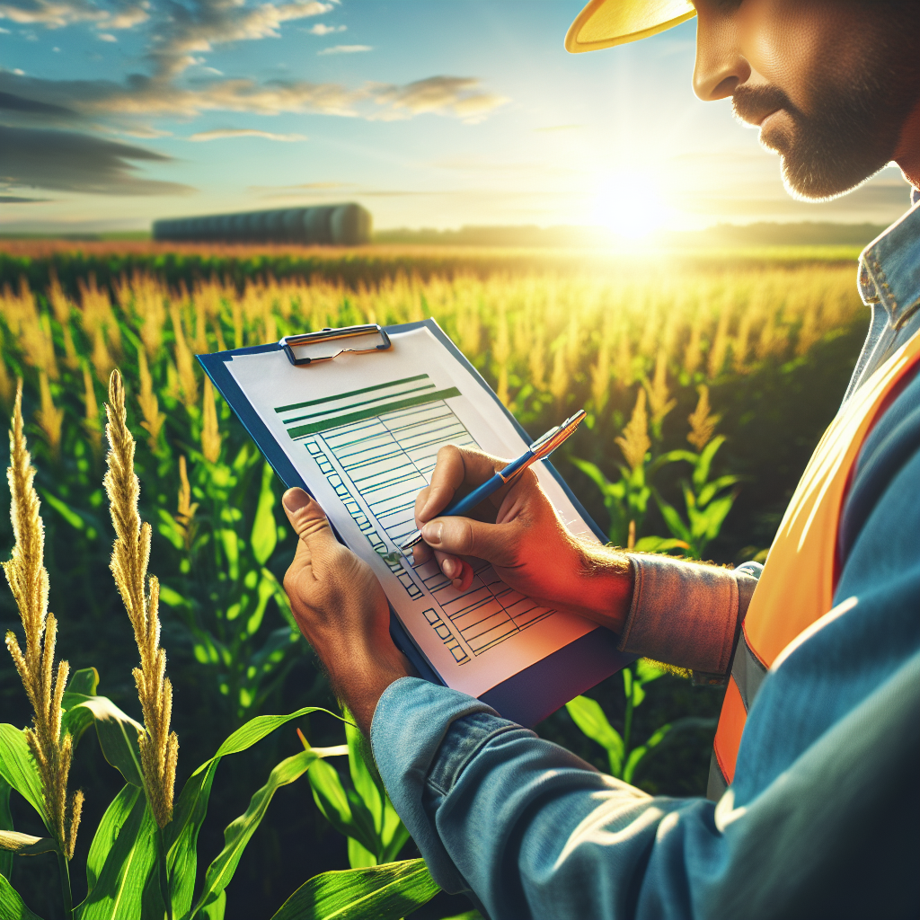 A farmer inspecting crops with a checklist, illustrating Good Agricultural Practices in action, vibrant colors, photo realistic