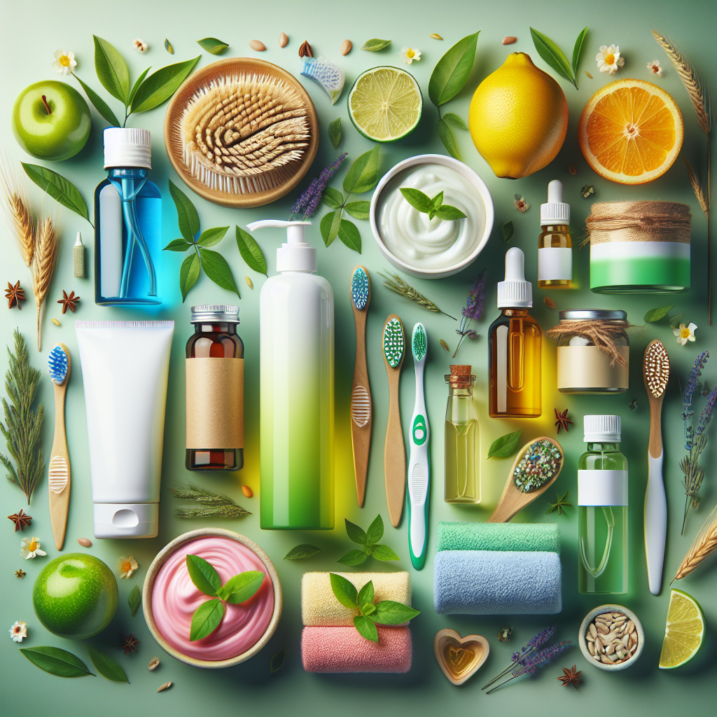 A vibrant display of various natural oral health products including organic toothpaste, biodegradable toothbrushes, herbal mouthwash bottles, and essential oils arranged artistically