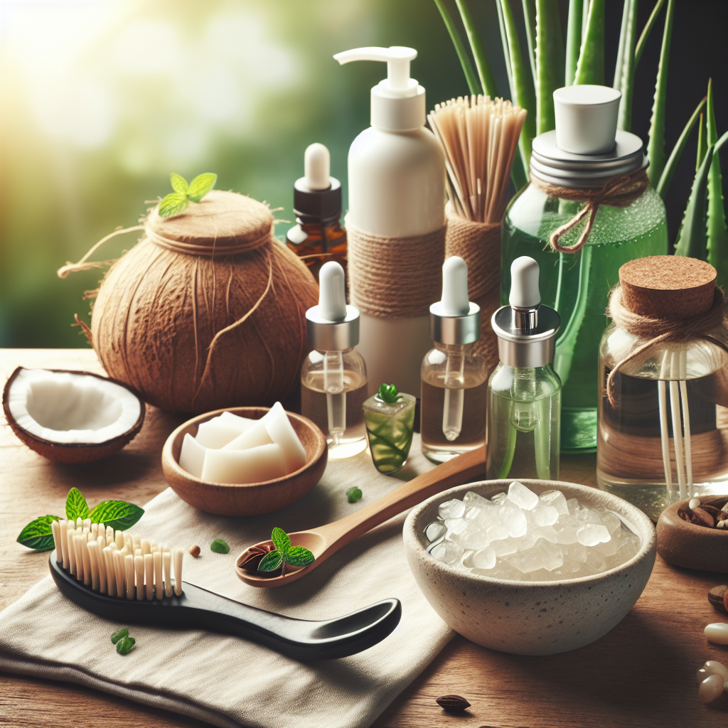 A serene dental care scene showcasing natural remedies for gum health such as herbal rinses, aloe vera gel, and coconut oil on a wooden countertop