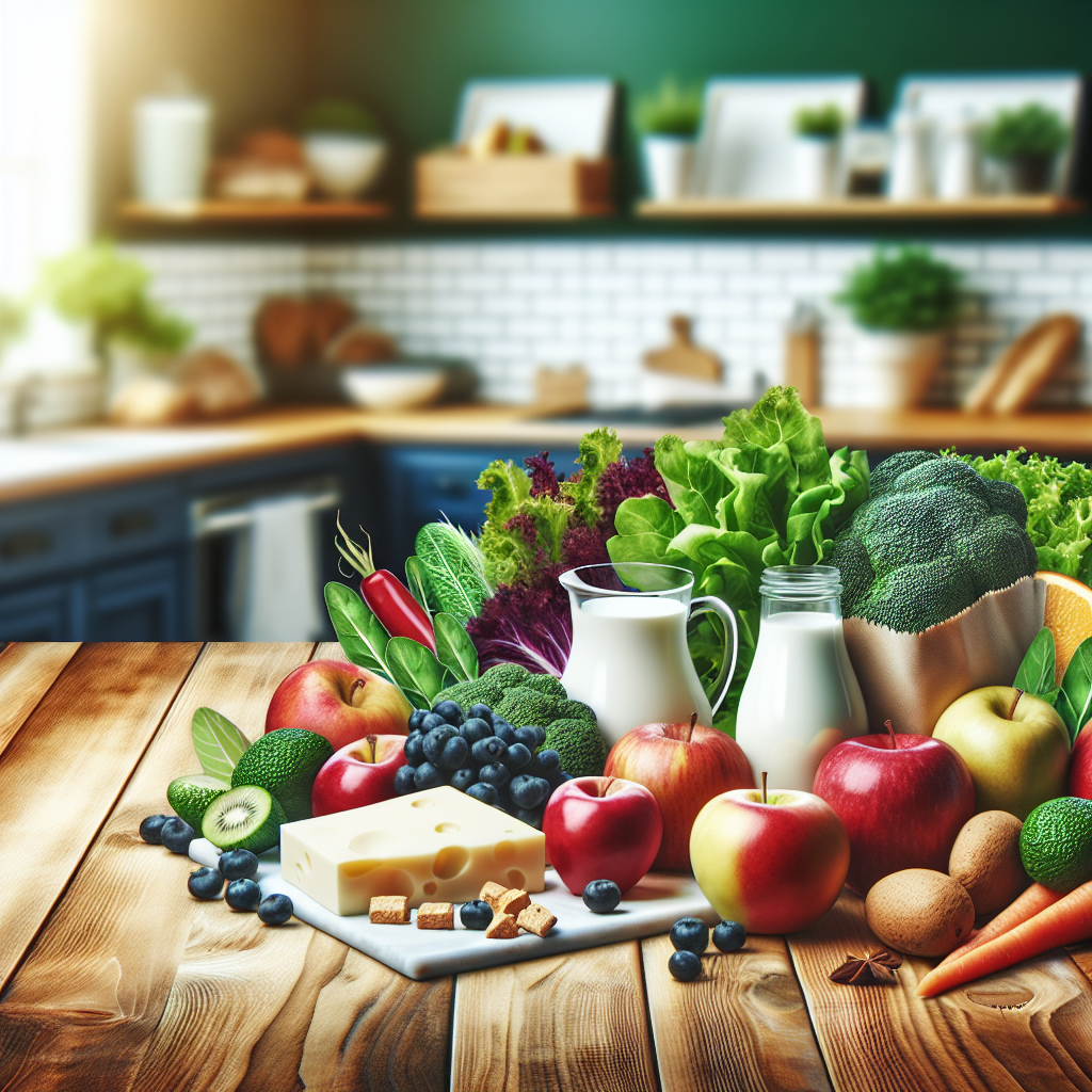 A vibrant kitchen scene featuring an array of healthy foods like leafy greens, dairy products, crunchy fruits like apples and carrots arranged artfully on a wooden table