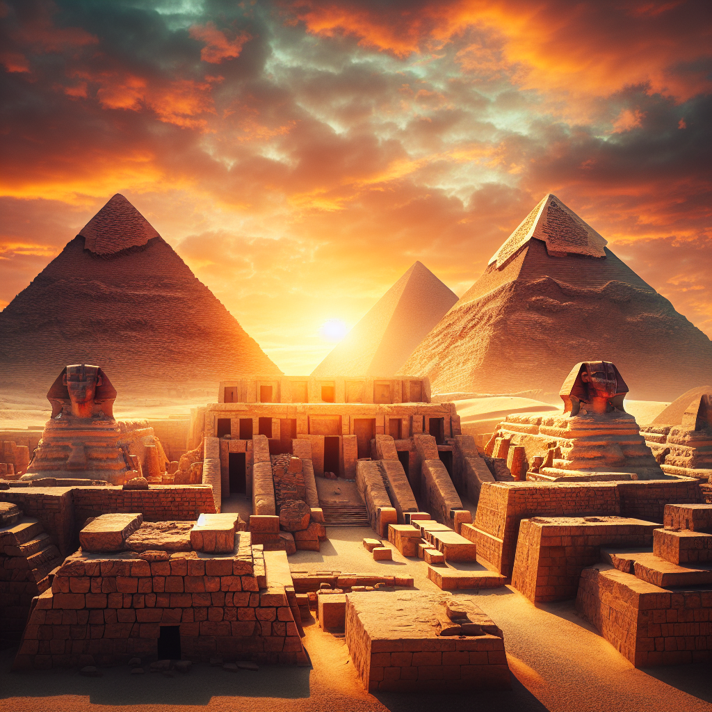 A stunning view of ancient Egyptian stone architecture, showcasing pyramids and temples made from granite and limestone under a sunset sky