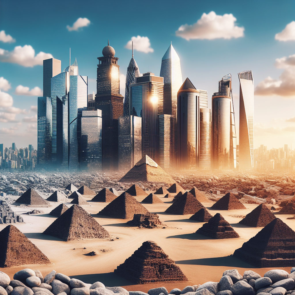 A panoramic view showcasing ancient Egyptian pyramids alongside modern Egyptian architecture featuring polished granite