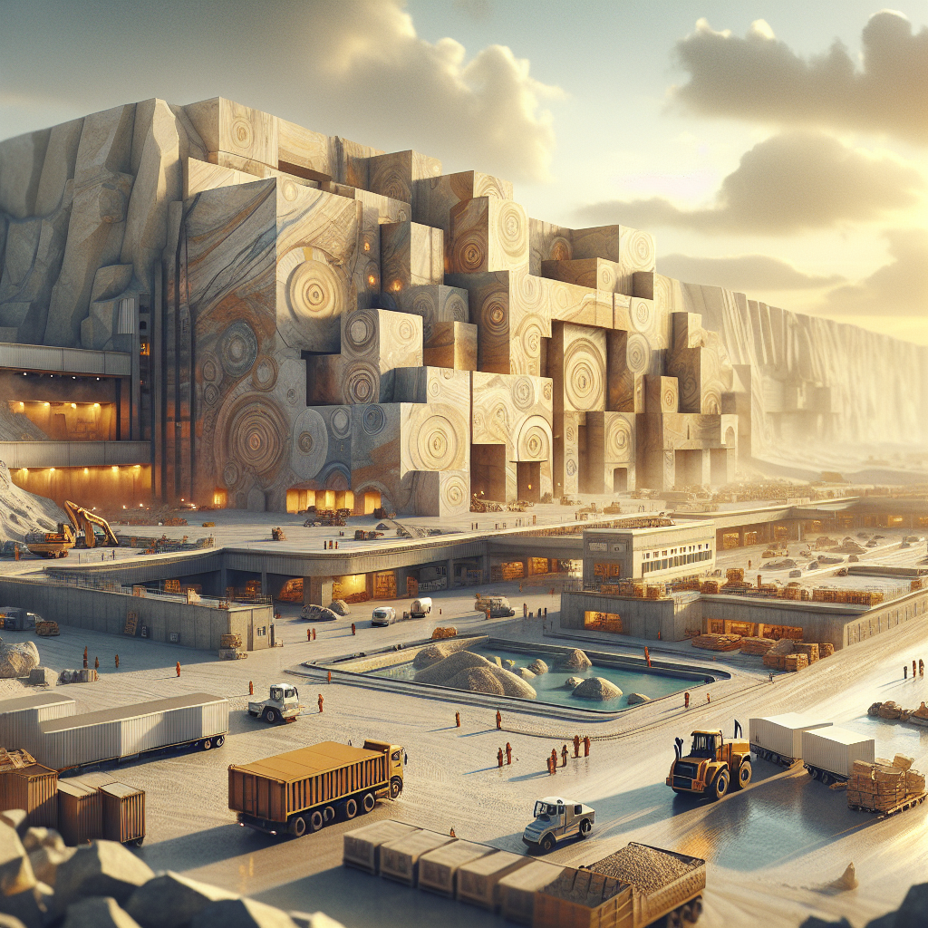 A modern Egyptian stone quarry with eco-friendly practices, showcasing selective extraction techniques and water recycling systems