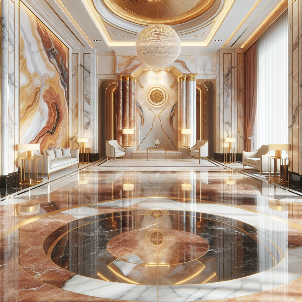 A luxurious interior featuring various types of <a href='https://kr-onyx.com/'>polished Egyptian marble</a> in different colors and finishes