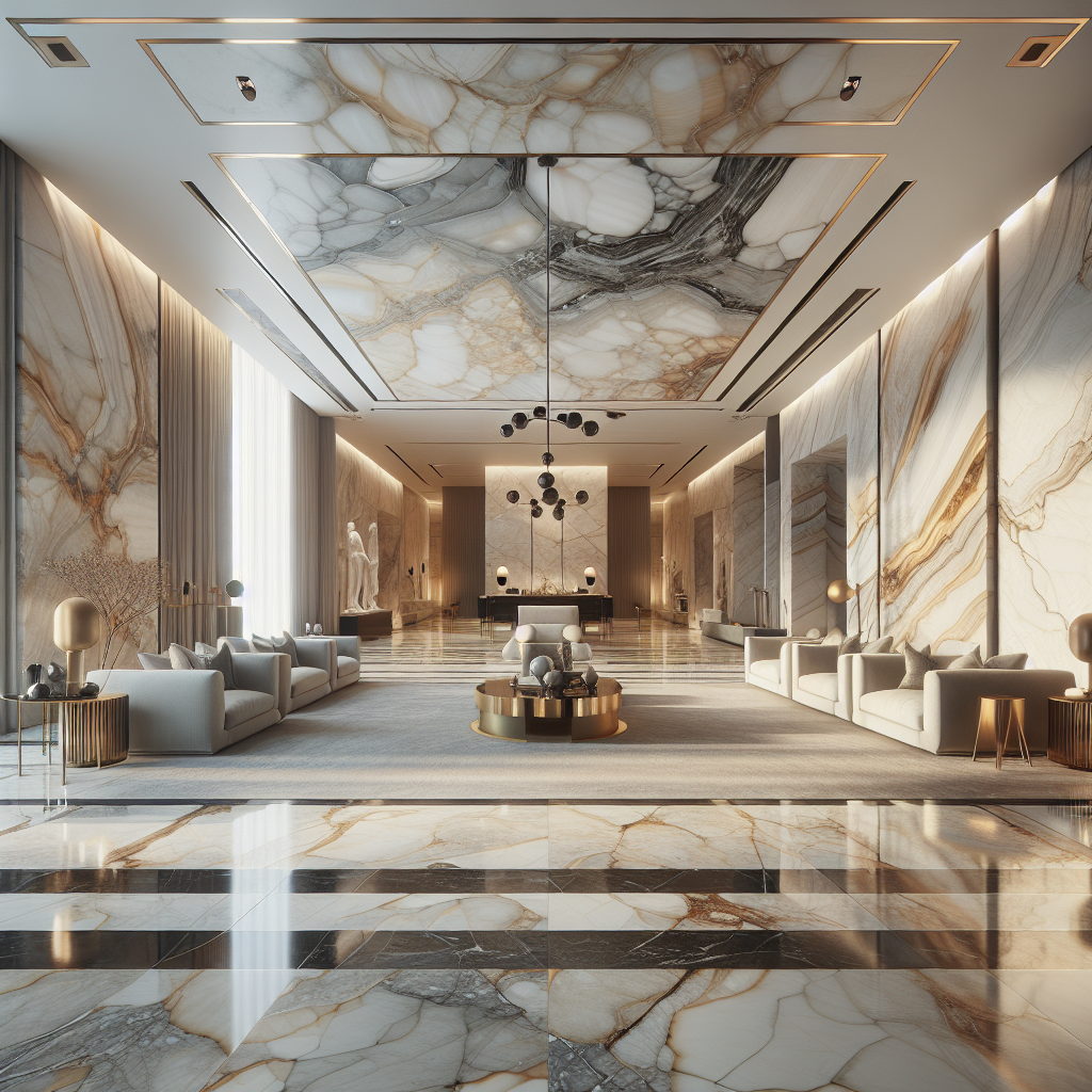 A luxurious interior featuring various types of polished Egyptian marble tiles in a modern home setting