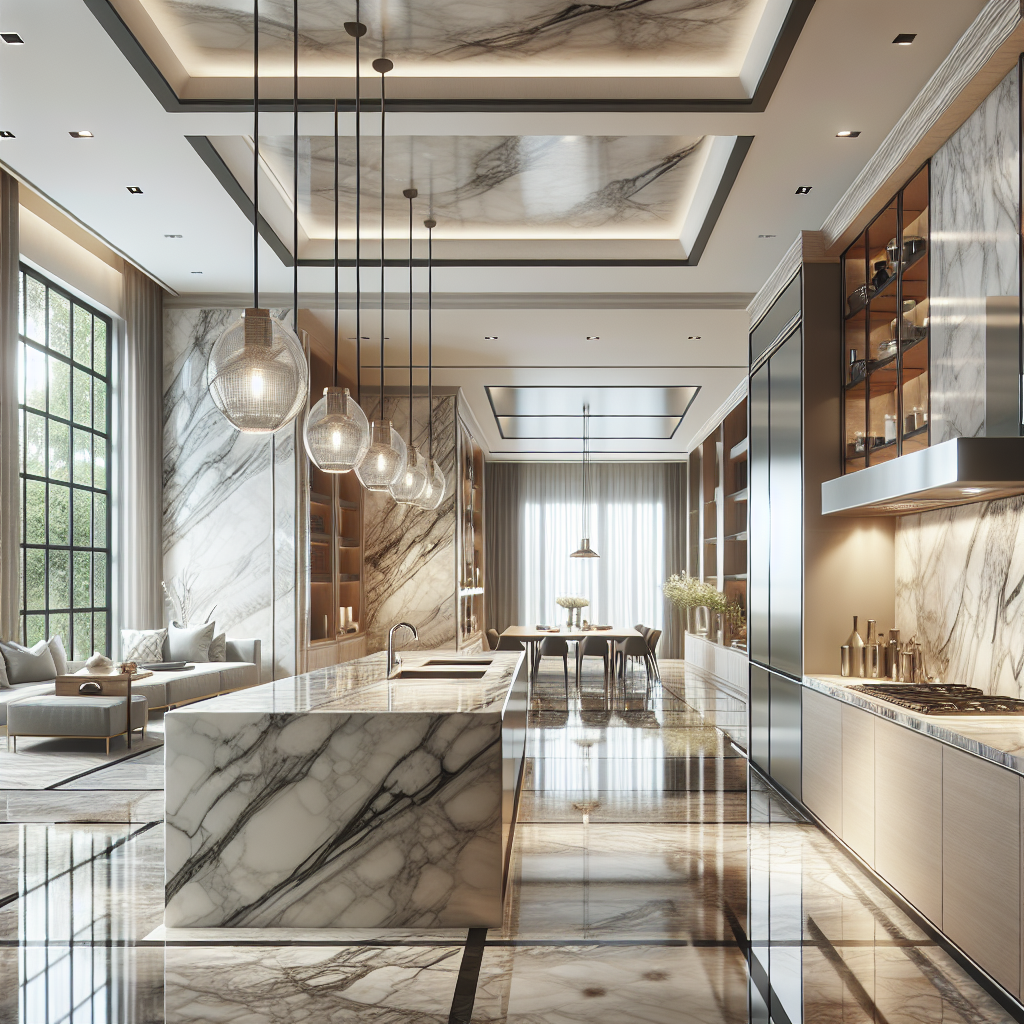 A luxurious interior featuring polished Egyptian marble countertops and flooring in a modern kitchen setting