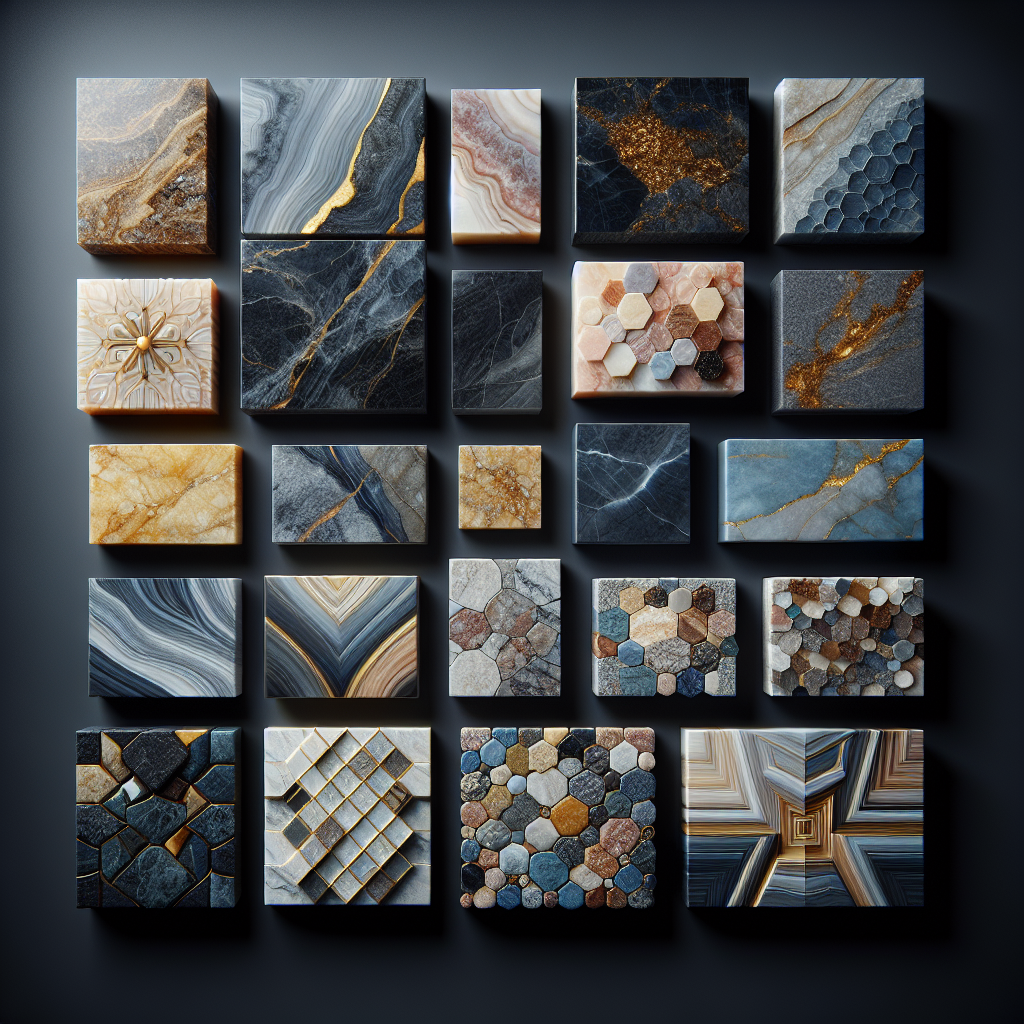 A stunning display of various types of Egyptian granite slabs showcasing different colors and textures