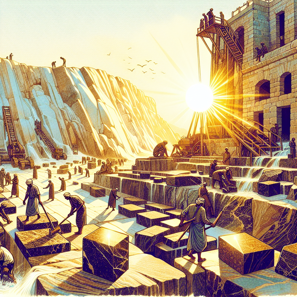 A stunning view of Aswan's historical granite quarries with workers extracting premium quality granite under the bright Egyptian sun