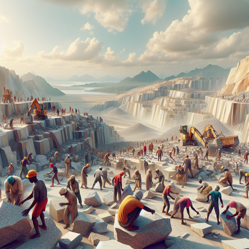 A panoramic view of Aswan granite quarries showcasing workers extracting stones under bright sunlight