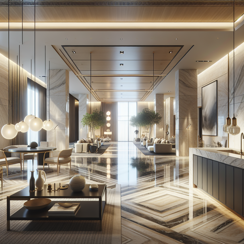 A beautiful interior featuring travertine marble flooring and countertops, showcasing different finishes like polished and honed. The setting includes modern decor elements with natural light flooding in.