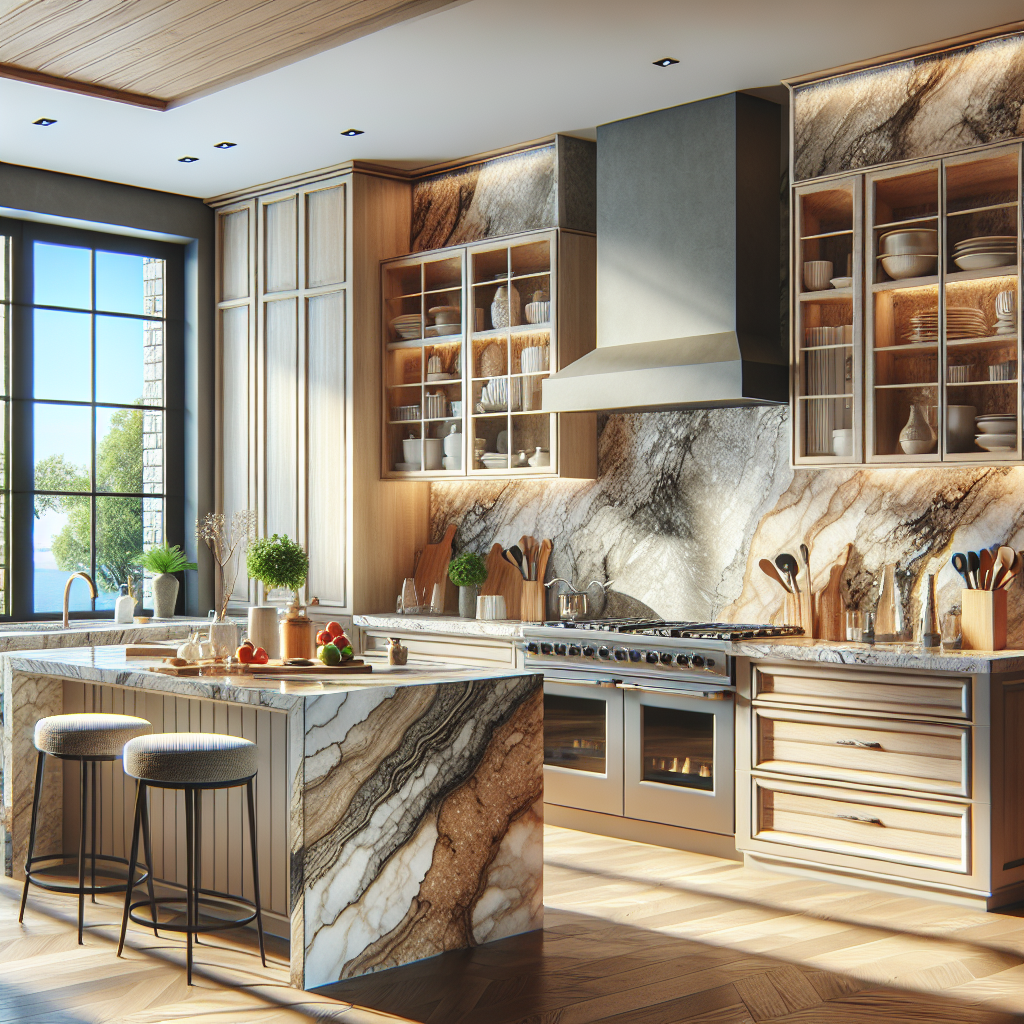 A beautifully designed kitchen featuring stunning <a href='https://kr-onyx.com/egyptian-marble/natural-stones-in-suez/'>granite countertops</a>, showcasing various colors and finishes of natural stone.