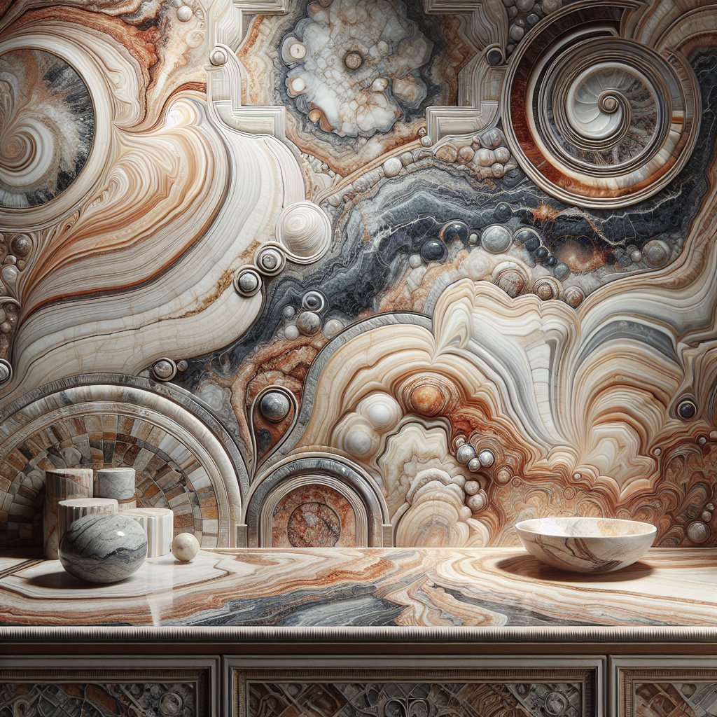 A beautiful travertine marble countertop with unique patterns and textures