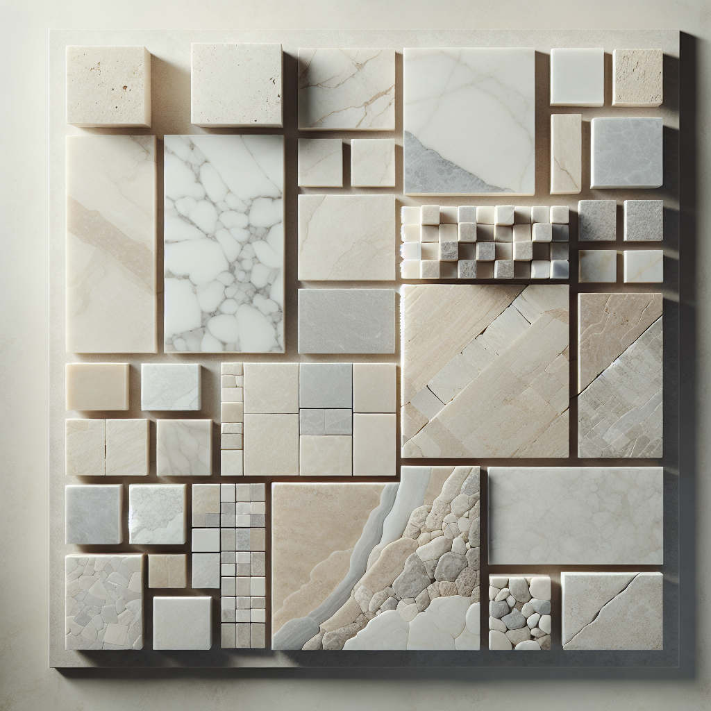 A beautifully arranged display of different types of travertine marble including white and beige tiles with tumbled edges