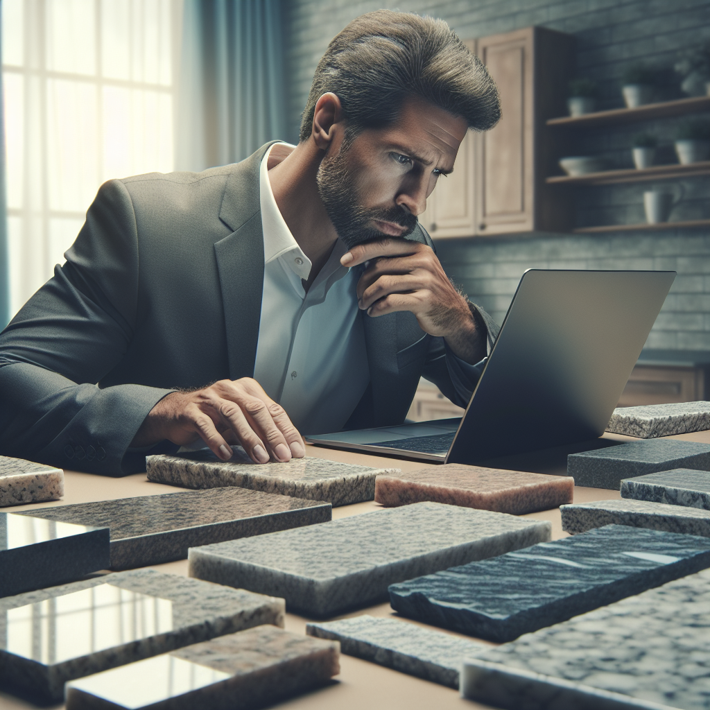 A person researching granite companies online with samples of different types of granite slabs around them