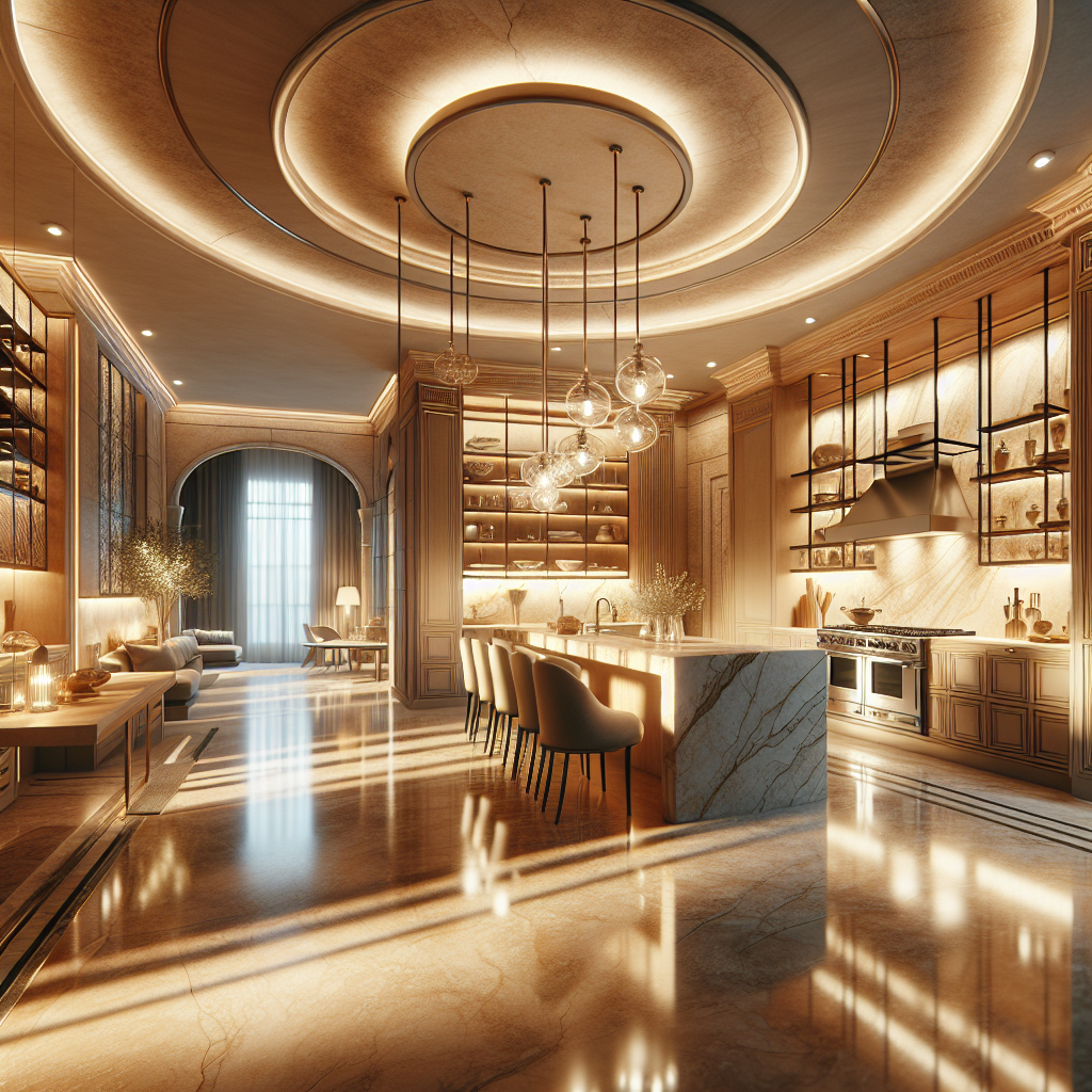 A luxurious kitchen featuring travertine countertops and floors with elegant lighting