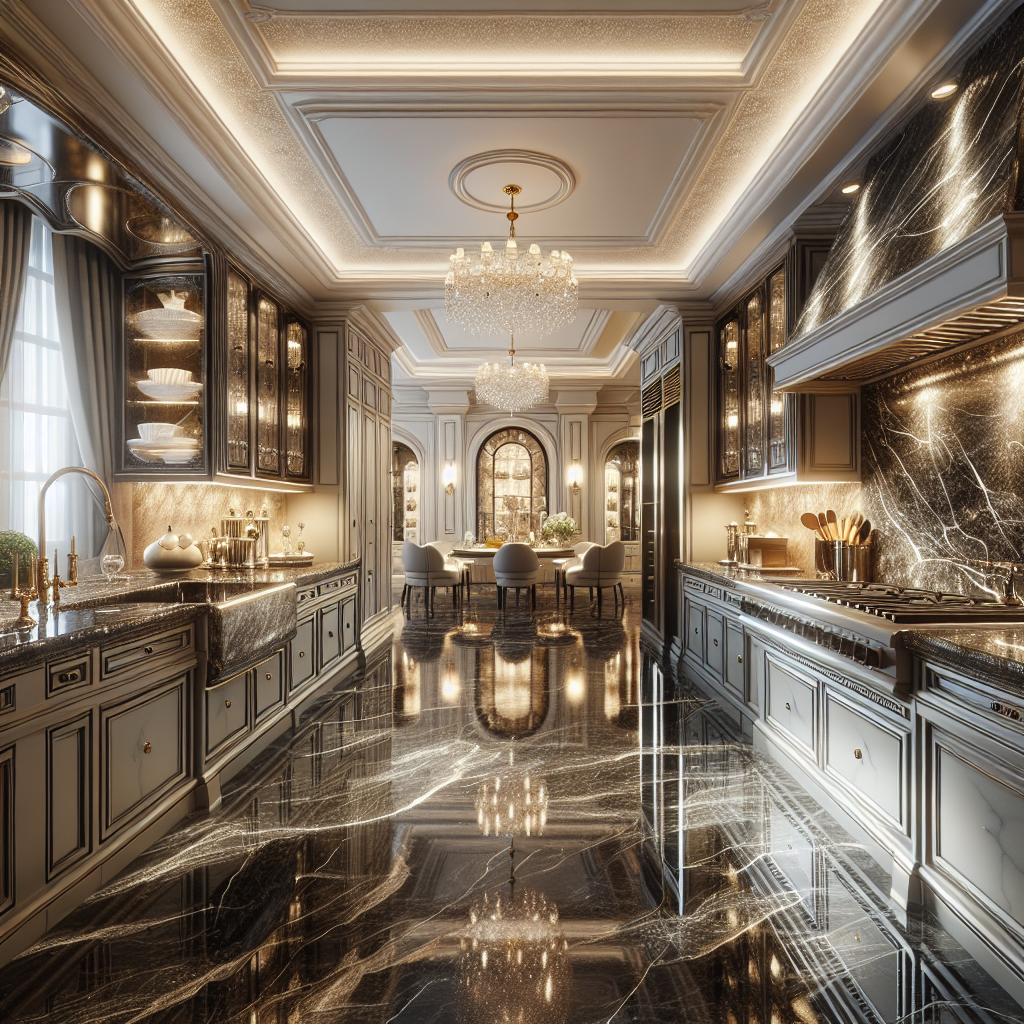 A beautifully designed kitchen showcasing custom-cut granite countertops with polished finishes