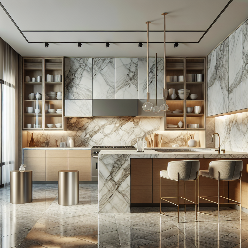 A stylish kitchen featuring light emperador marble countertops and tiles, showcasing modern design elements