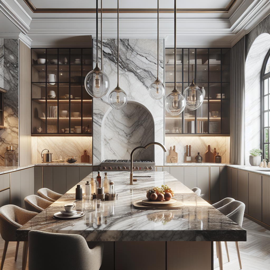 A beautifully arranged kitchen featuring light emperador marble countertops with elegant decor