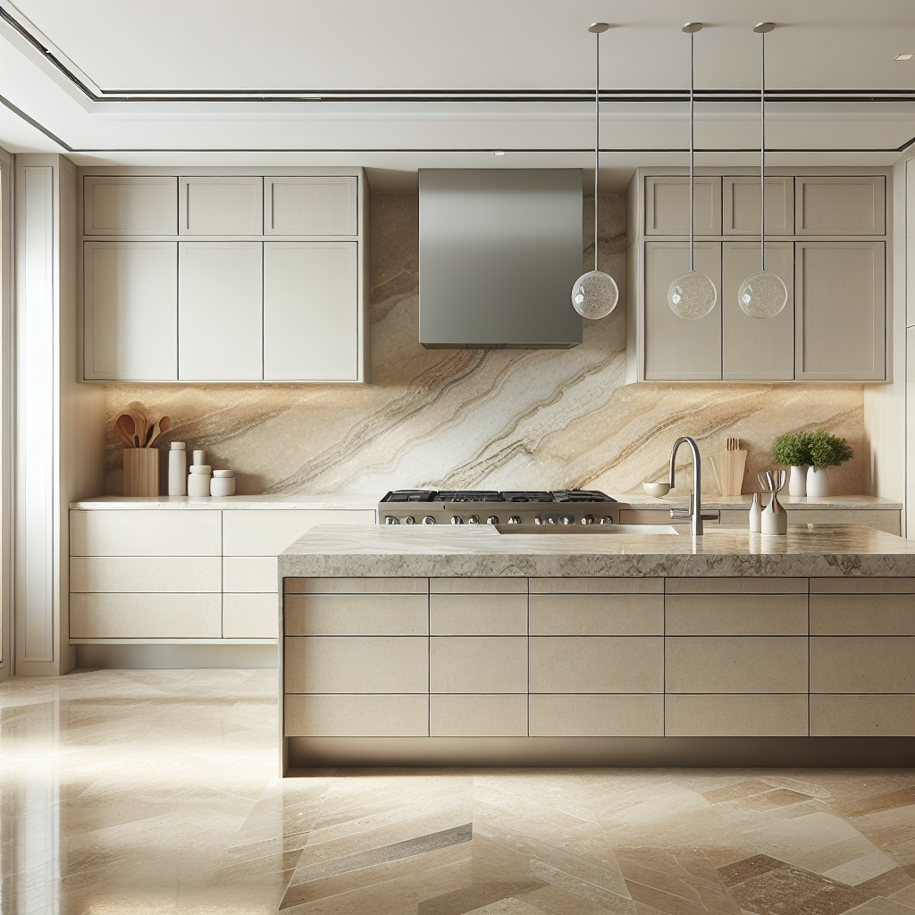 A beautiful modern kitchen featuring polished <a href='https://kr-onyx.com/product/travertine/'>travertine countertops</a> and flooring, showcasing various shades like beige and ivory in a bright, airy setting.