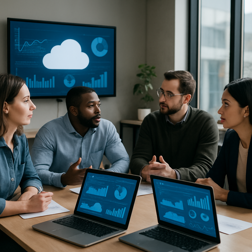 A modern office environment with a team discussing cloud hosting solutions, featuring laptops and digital screens displaying website performance metrics