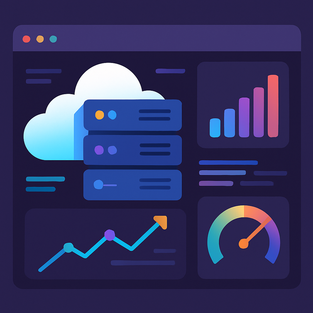 A modern cloud server management interface with vibrant colors, showcasing scalability and performance metrics