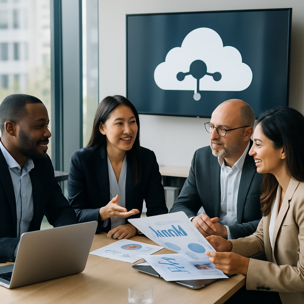 A diverse group of business professionals discussing cloud hosting solutions, with laptops and charts in a modern office setting