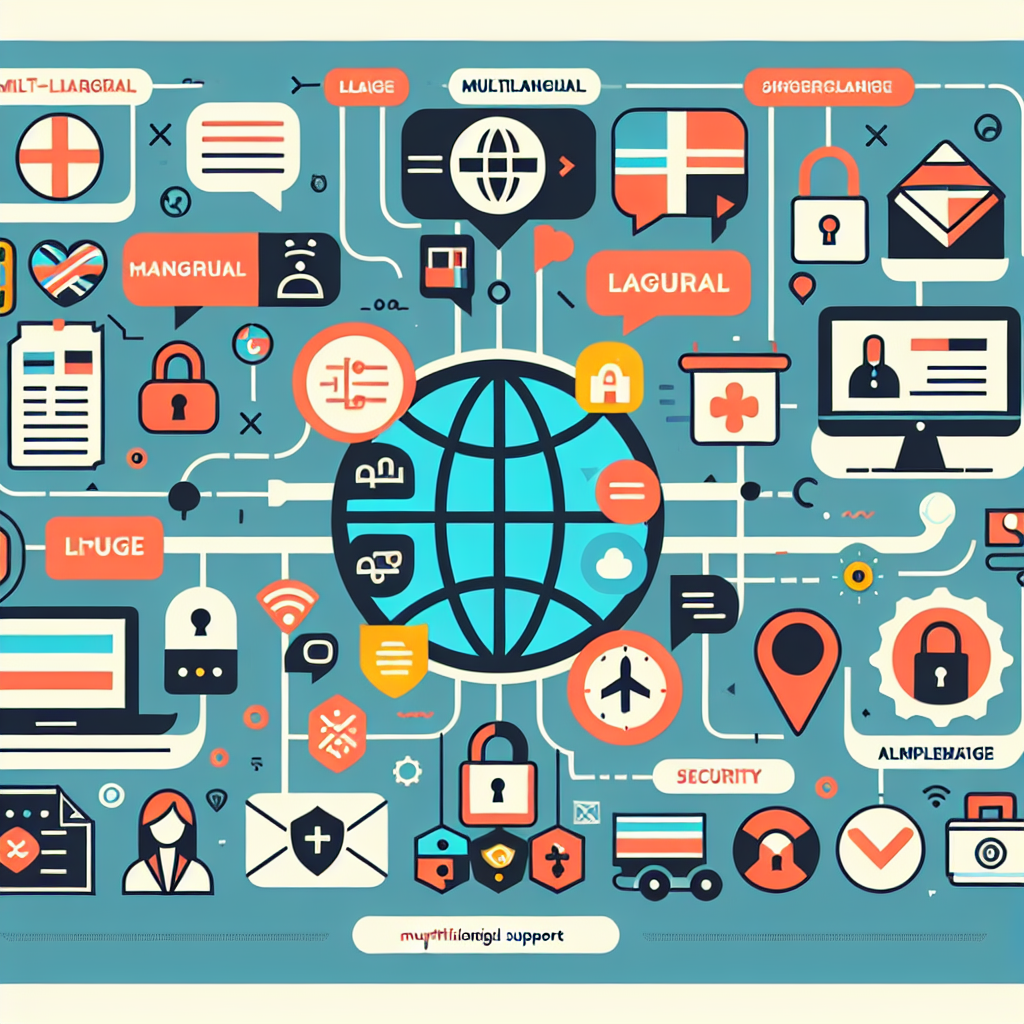 A visually appealing infographic showing multilingual support and security measures for an e-commerce website, including icons for languages and security features like a lock and shield
