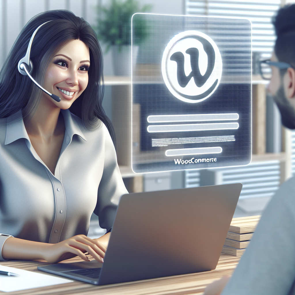 A friendly customer support representative assisting a customer online, with a WooCommerce logo in the background, illustrating great customer service.