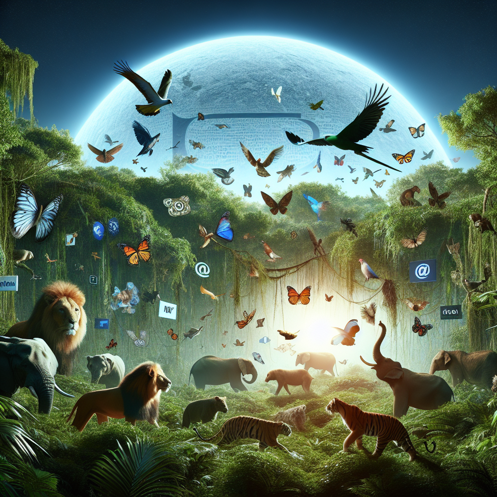 A vibrant illustration of a jungle with various animals representing different websites competing for visibility in search engines, with Google logo in the background