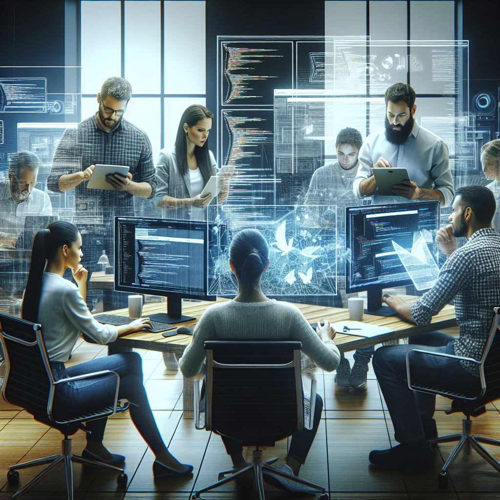 A modern office environment showcasing a team of designers collaborating on a WordPress website project