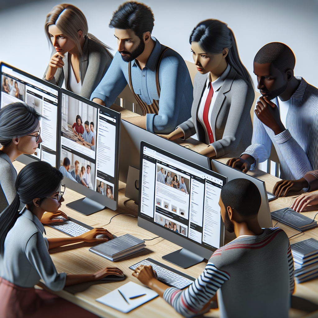 Un grupo diverso de diseñadores trabajando juntos en un proyecto de diseño web, con pantallas mostrando sitios WordPress