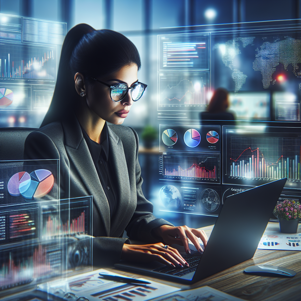 A digital marketing expert analyzing website analytics on a laptop with graphs and charts in the background