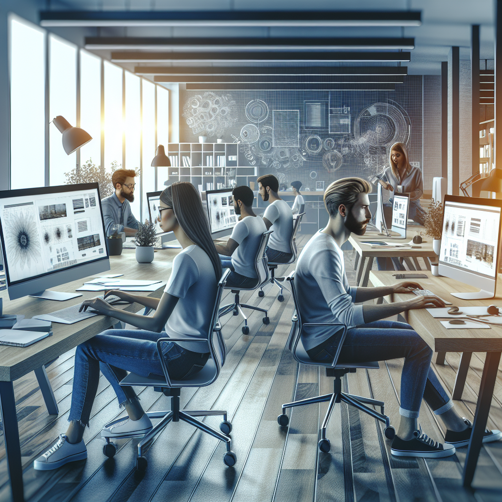 A modern office space with designers working on computers showcasing website designs and graphics for small businesses in Castellon
