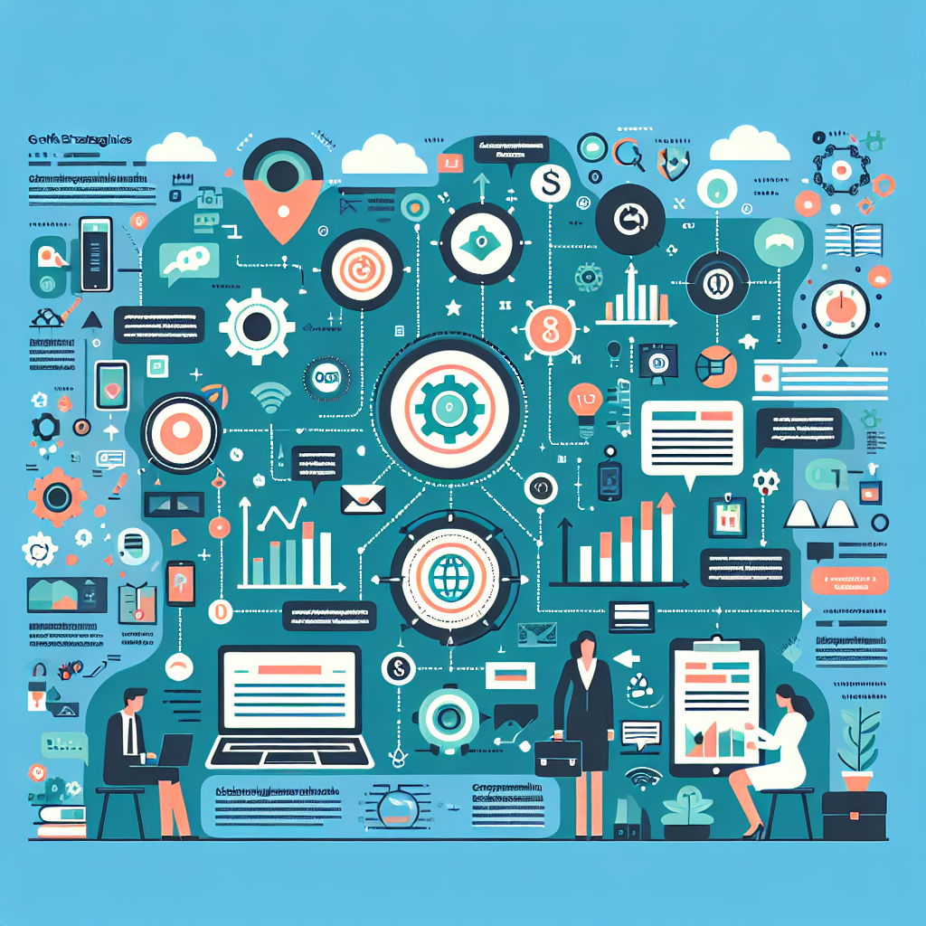 A vibrant infographic showing growth strategies for small and medium enterprises (PYMES) in the digital space, featuring elements like social media icons, e-commerce symbols, and marketing tools