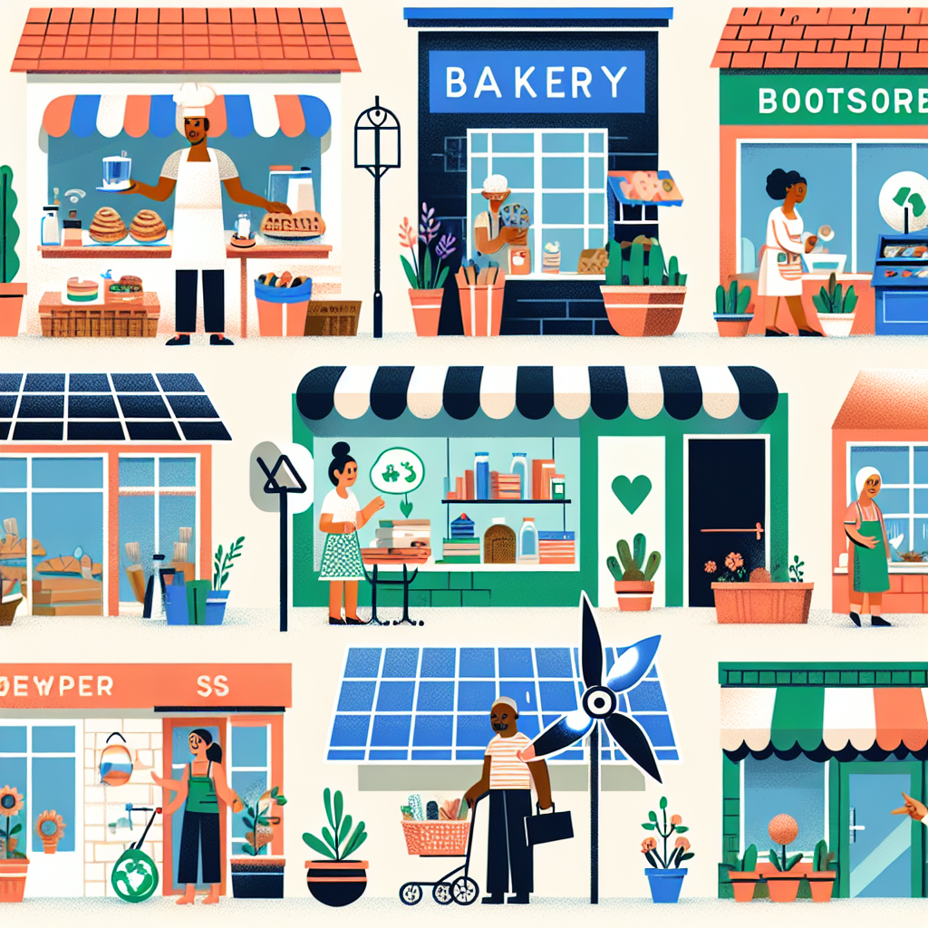 A vibrant illustration showing small businesses engaging in sustainable practices like recycling and using renewable energy