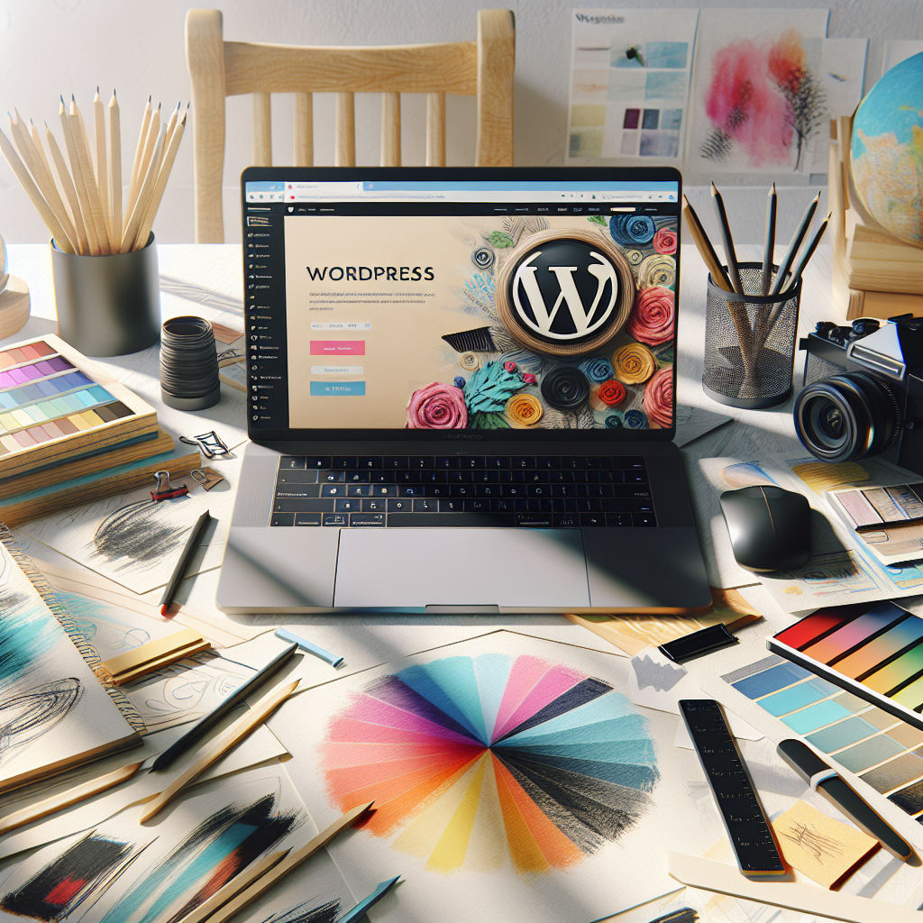 A creative workspace with a laptop displaying a WordPress setup on the screen, surrounded by design elements like color palettes and sketches