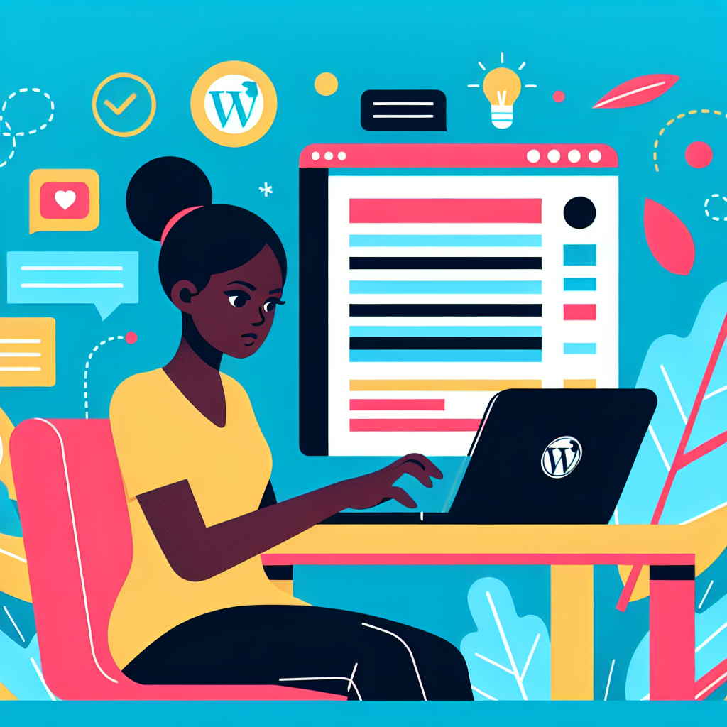 An illustration of a person customizing a WordPress template on their laptop with colorful design elements around them